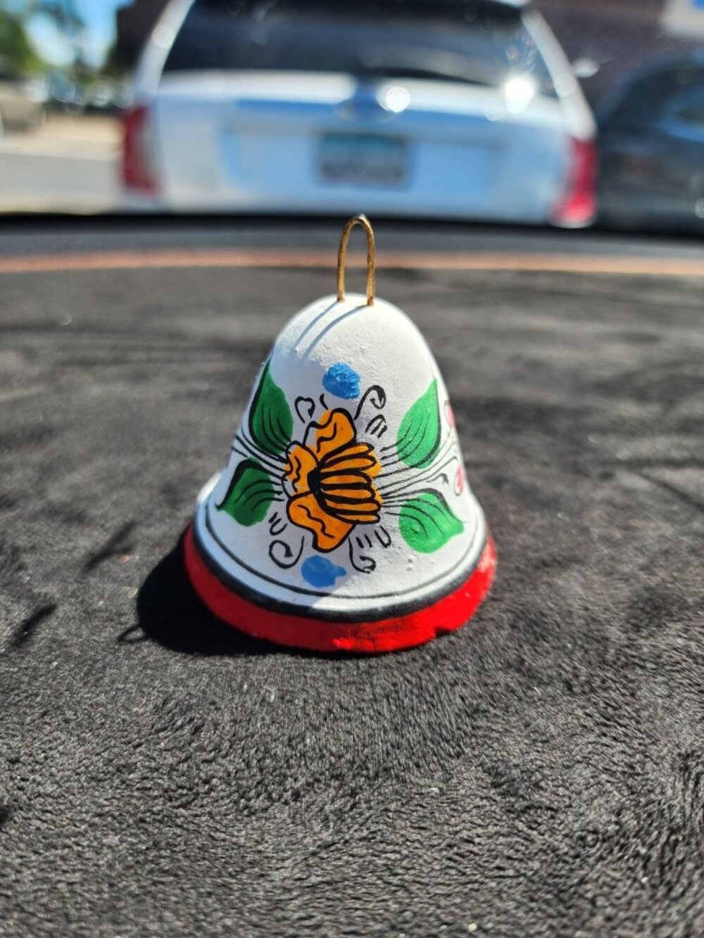 Tonala Folk Art Ceramic Hand Painted Bell Flowers Pottery Bell Mexico White Red